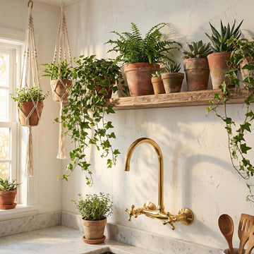 Kitchen with plants on a shelf and hanging, featuring a gold faucet.