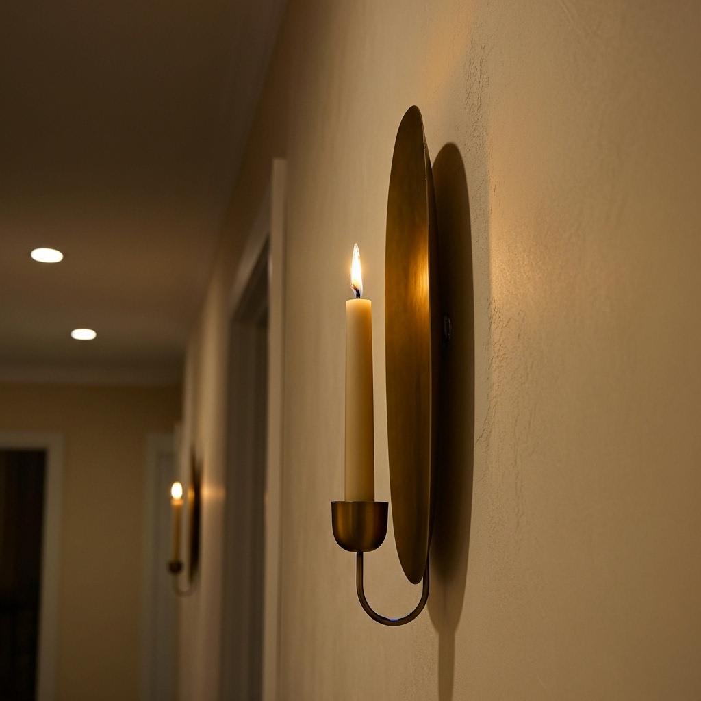 Brass wall sconce with a candle on a neutral wall.
