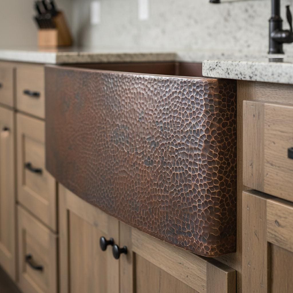 Copper farmhouse sink in a kitchen setting with wooden cabinets and marble countertop.