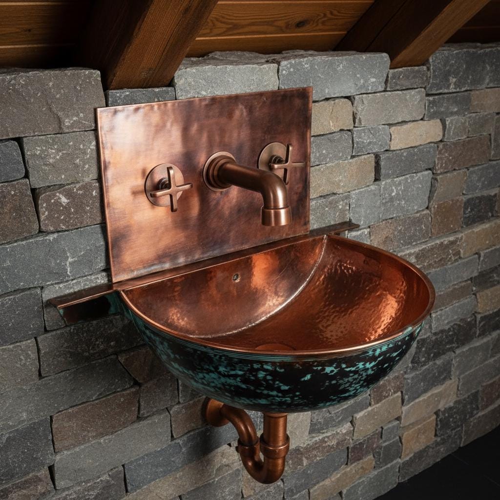 Copper wall-mounted sink with faucet against a stone wall.