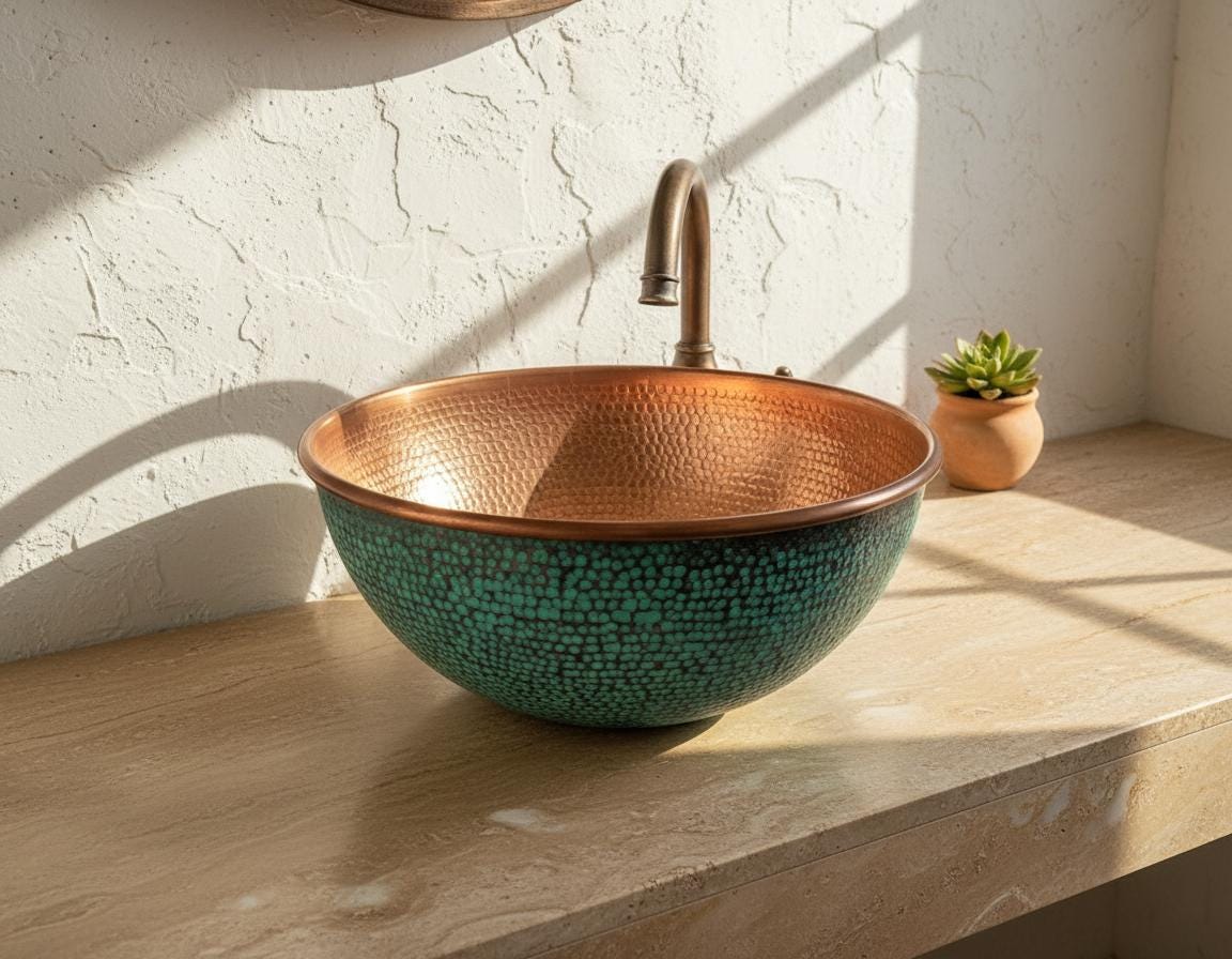 Copper and turquoise mosaic sink on a wooden countertop with a light background