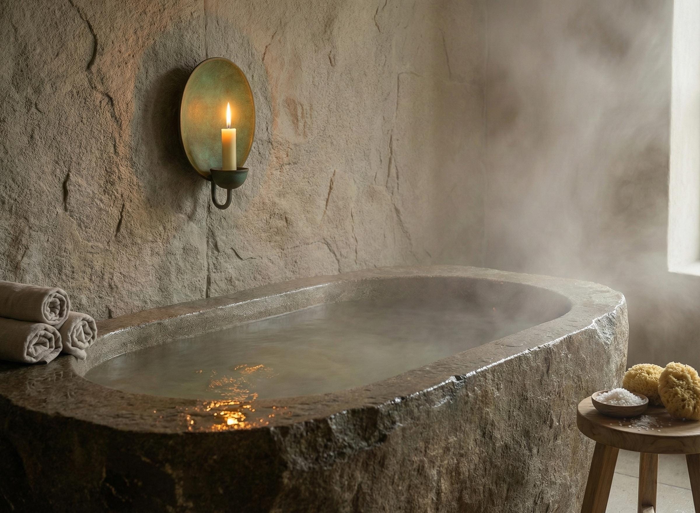 Stone bathtub in a steamy bathroom with a candle on the wall.