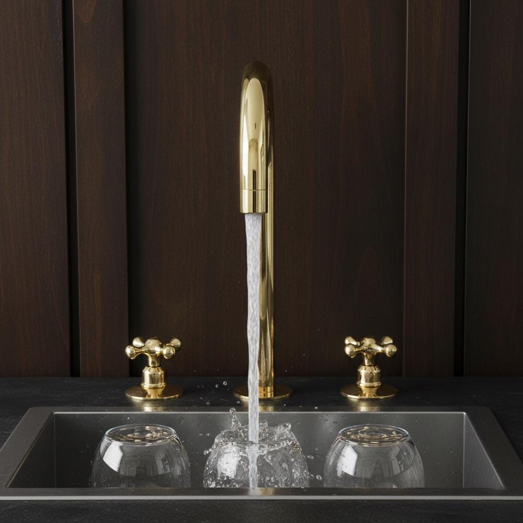 Gold faucet with water flowing into a black sink against a dark brown wall.