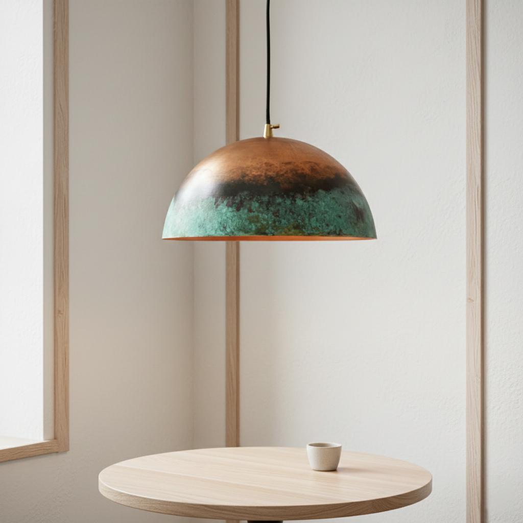 Pendant light with a copper and green finish hanging above a round wooden table.