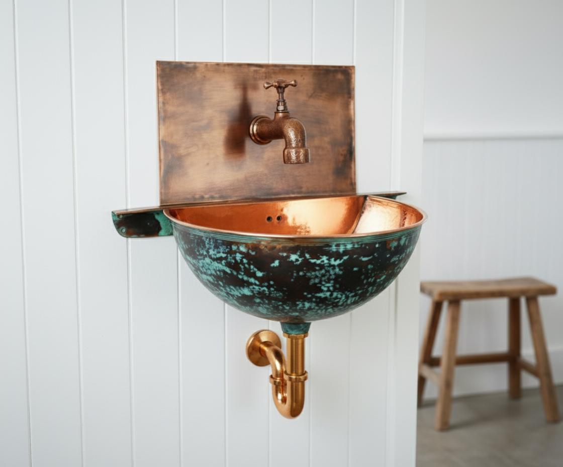 Copper wall-mounted sink with faucet against a white paneled wall.