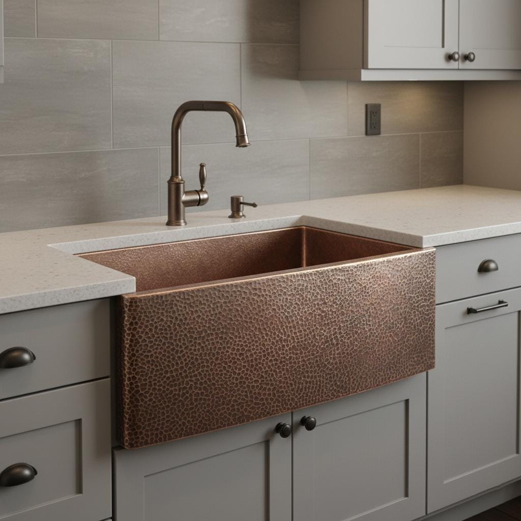 Copper farmhouse sink in a kitchen with gray cabinets and tiled wall.