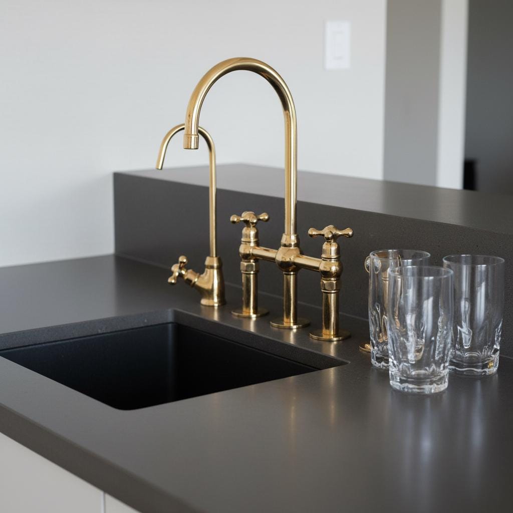Gold kitchen faucet and handles on a black countertop with glasses.