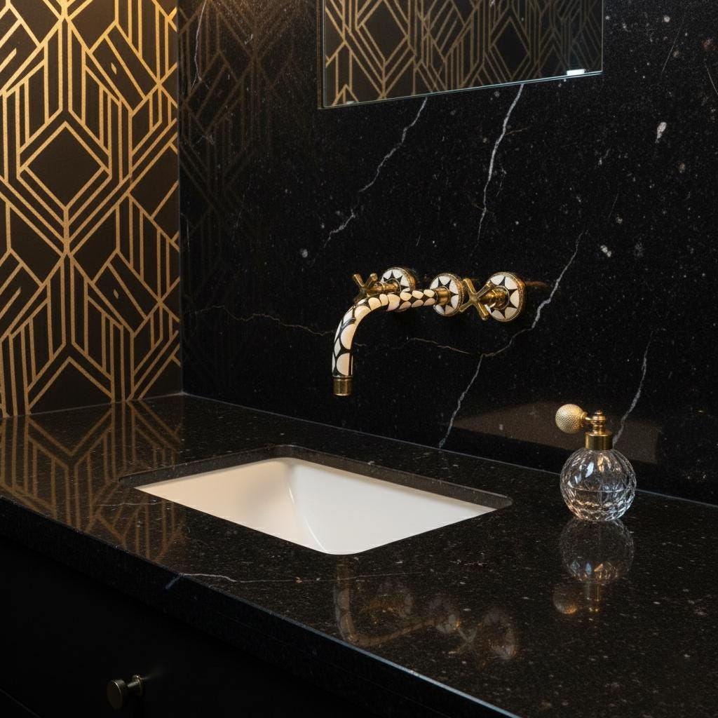 Bathroom sink with gold faucet and decorative wall tiles