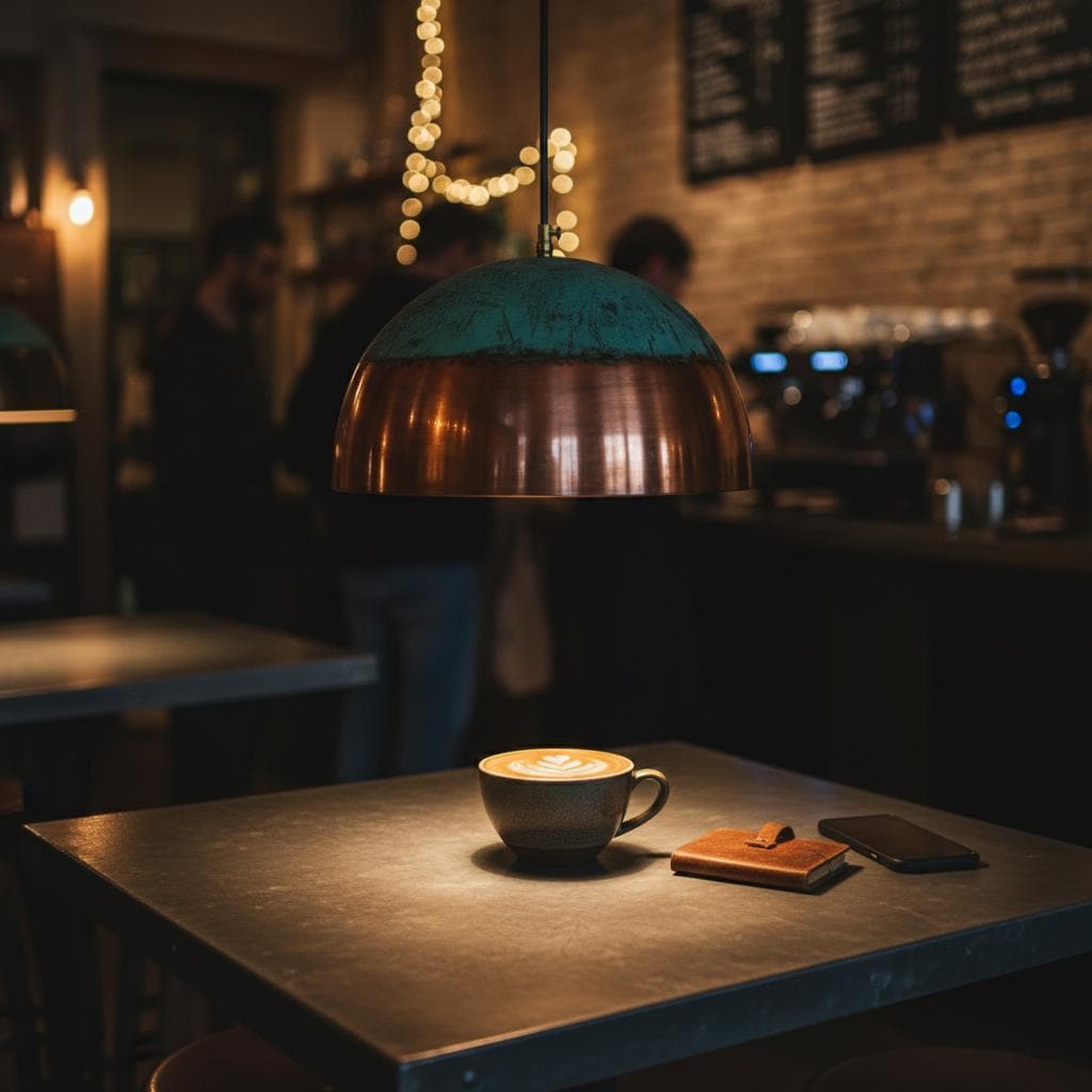 Coffee cup on a table in a dimly lit cafe with a hanging lamp.