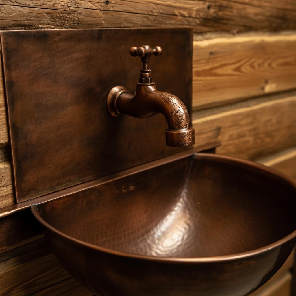 Copper faucet and sink against a wooden wall