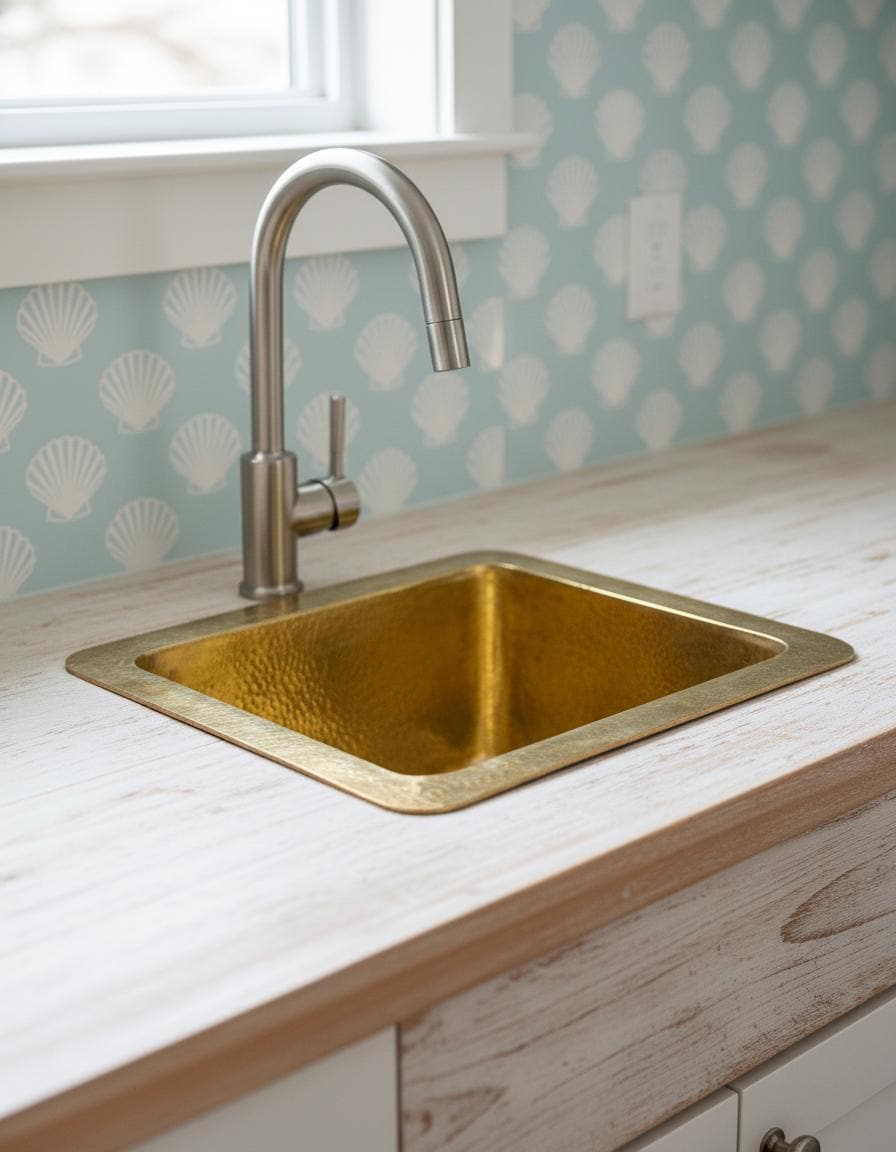 Brass kitchen sink with silver faucet on a light-colored countertop with shell-patterned wallpaper.