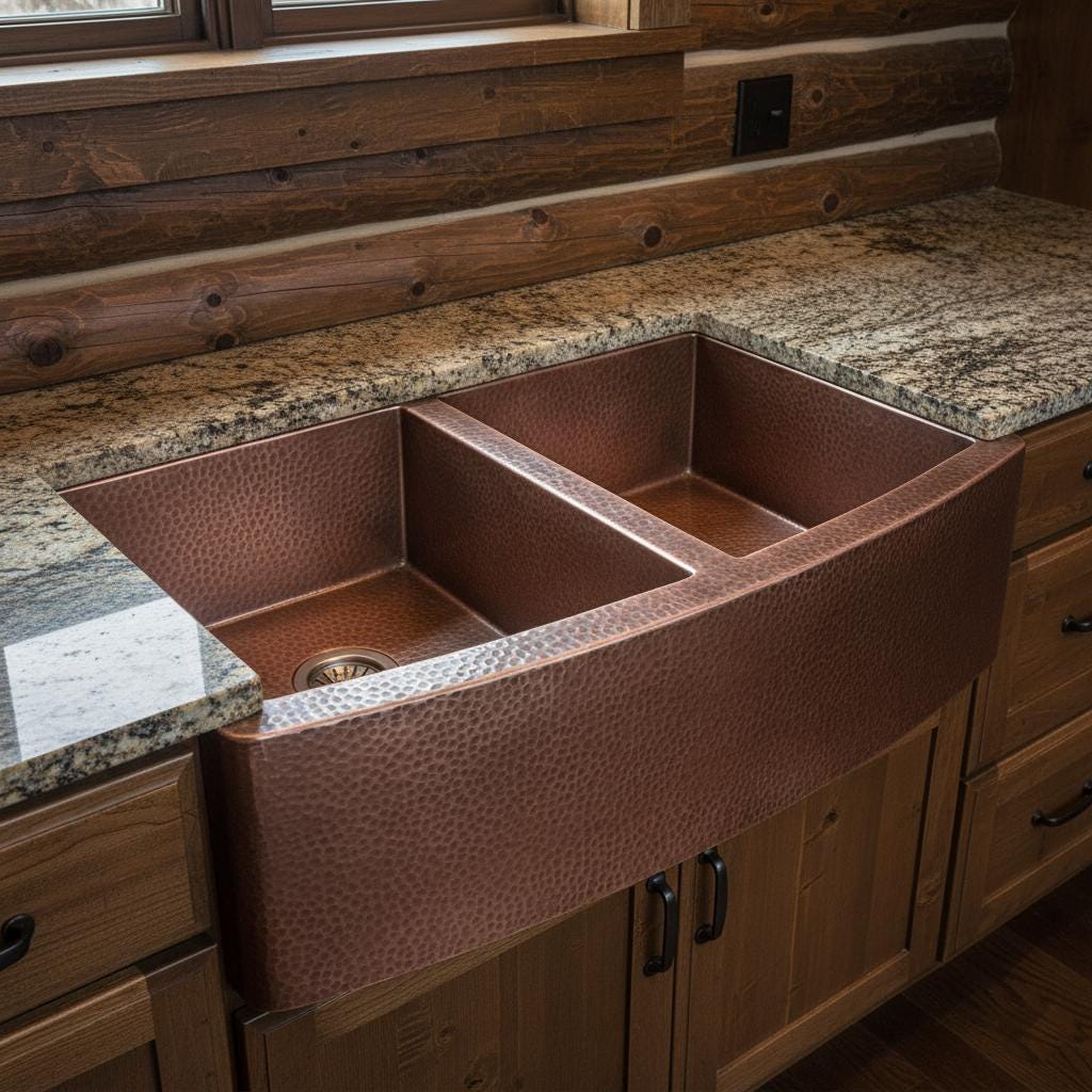 Copper kitchen sink in a rustic wooden cabinetry setting