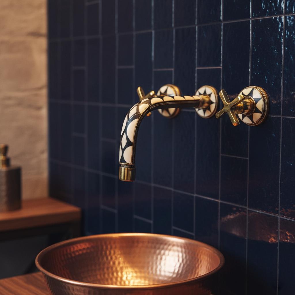 Decorative faucet with black and white pattern on a blue tiled wall above a copper sink.