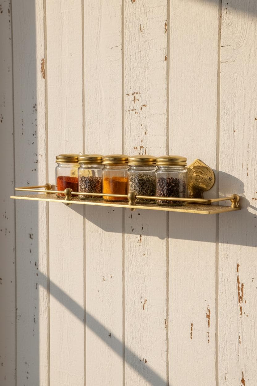 Gold shelf with jars containing different types of honey against a wooden wall.