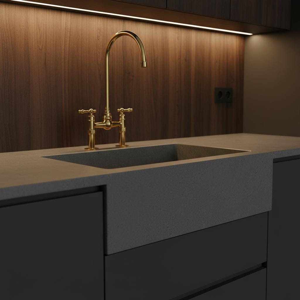 Modern kitchen sink with gold faucet against a wooden wall.