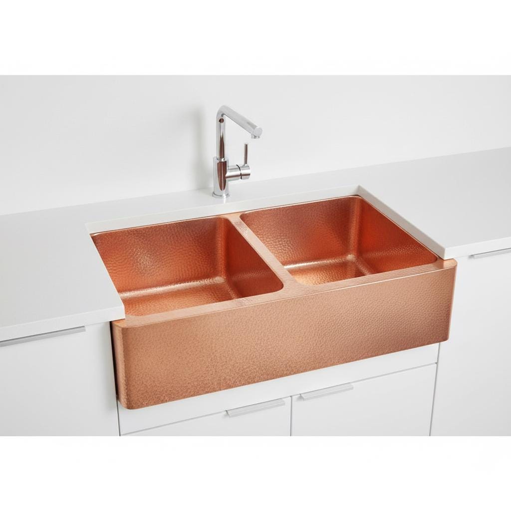 Copper kitchen sink with a white countertop and faucet