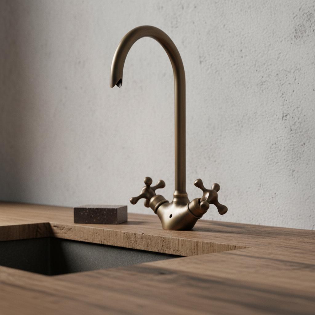Bronze faucet on a wooden countertop with a neutral background