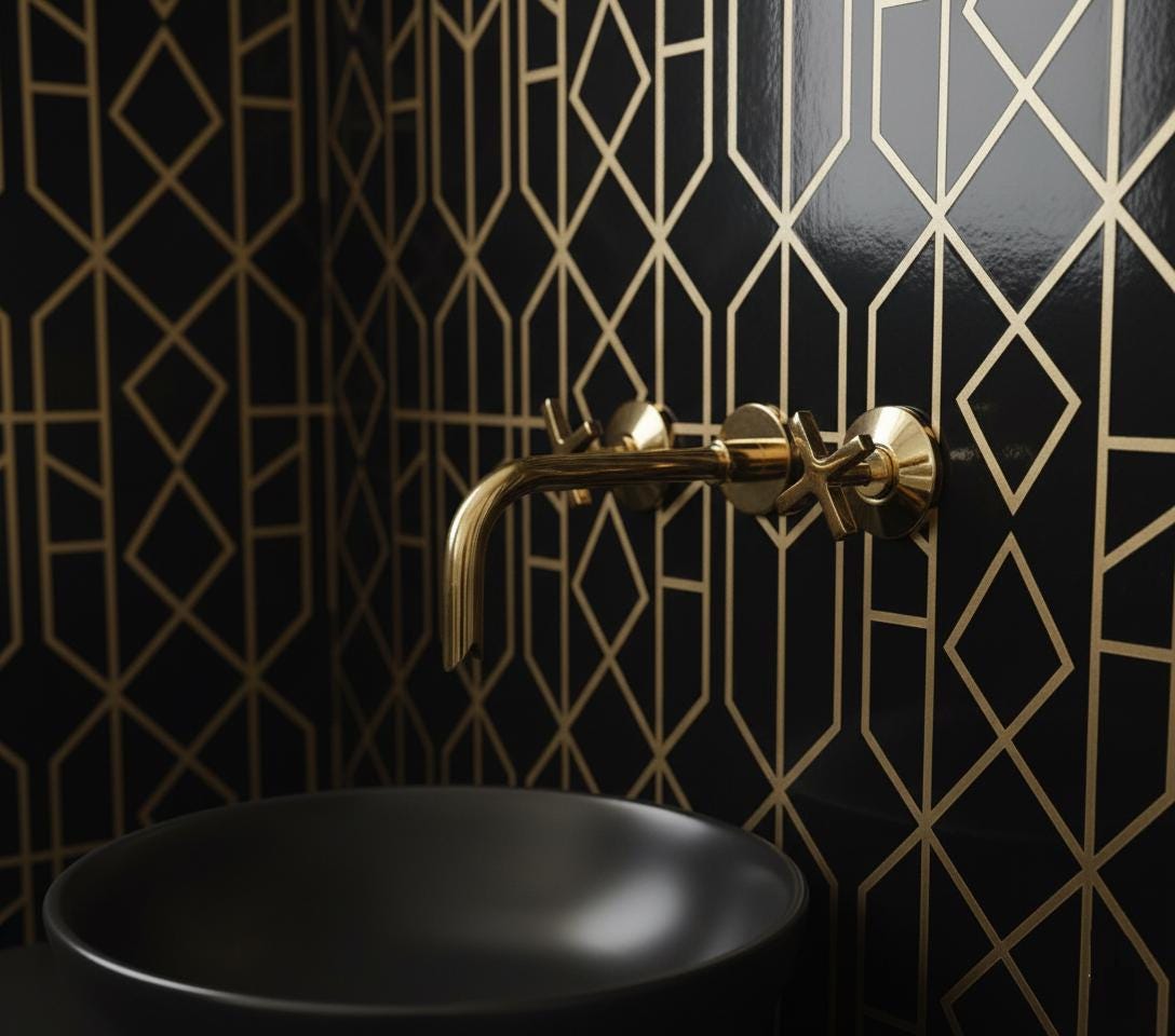 Gold faucet on a black sink with geometric gold tile pattern