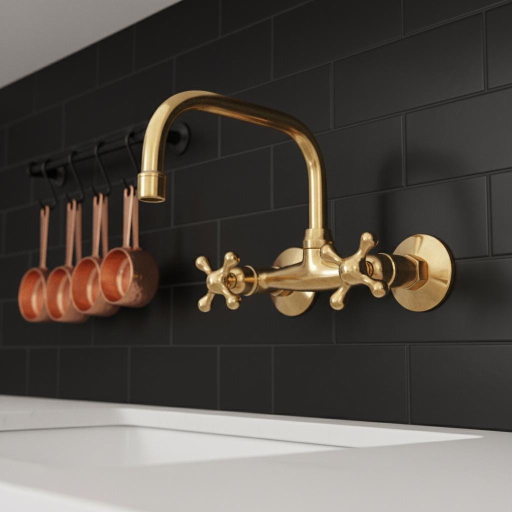 Gold faucet on a black tiled wall with copper pots hanging.