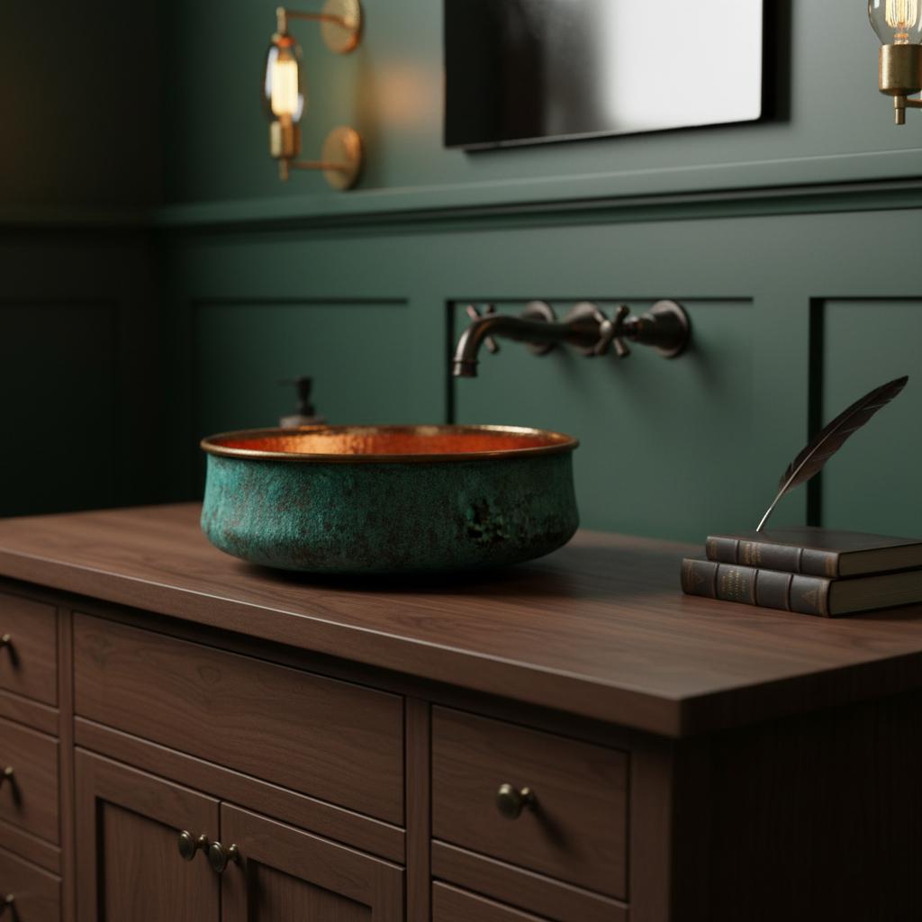Teal ceramic sink on a wooden vanity with green wall and lighting fixtures.