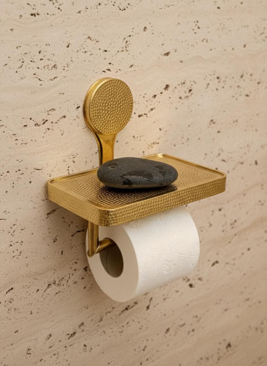 Brass toilet paper holder with decorative plate on a textured wall.