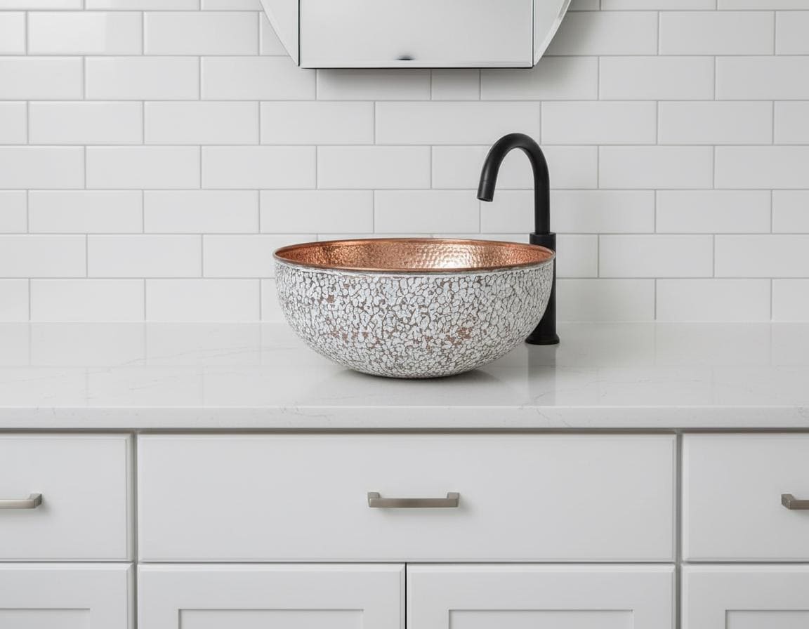 Copper sink on a white countertop with a tiled wall background