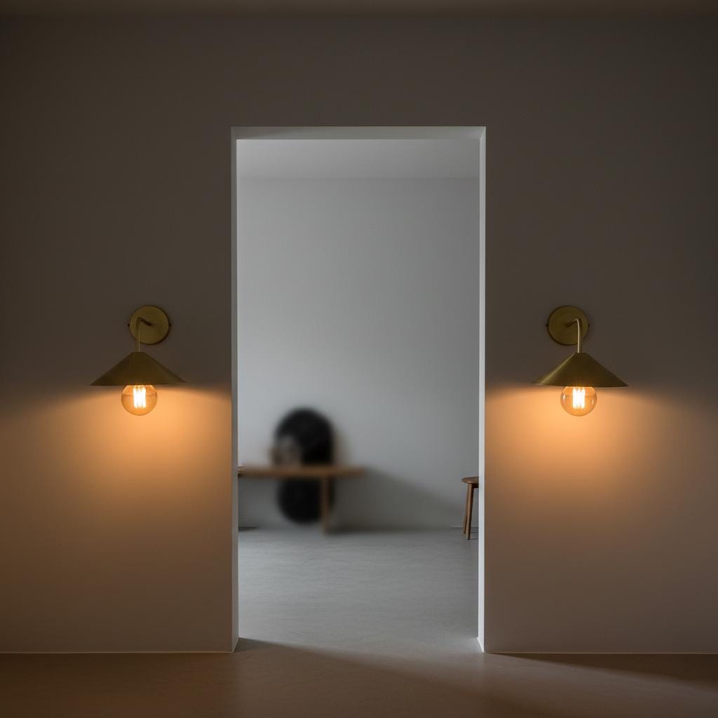 Mirror with gold wall sconces on a neutral wall