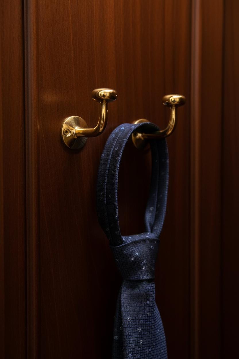 Blue tie hanging on a gold hook against a wooden background