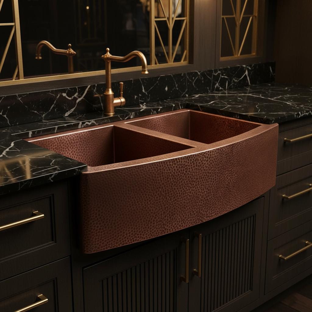 Copper farmhouse sink in a kitchen with black marble countertop and gold fixtures.