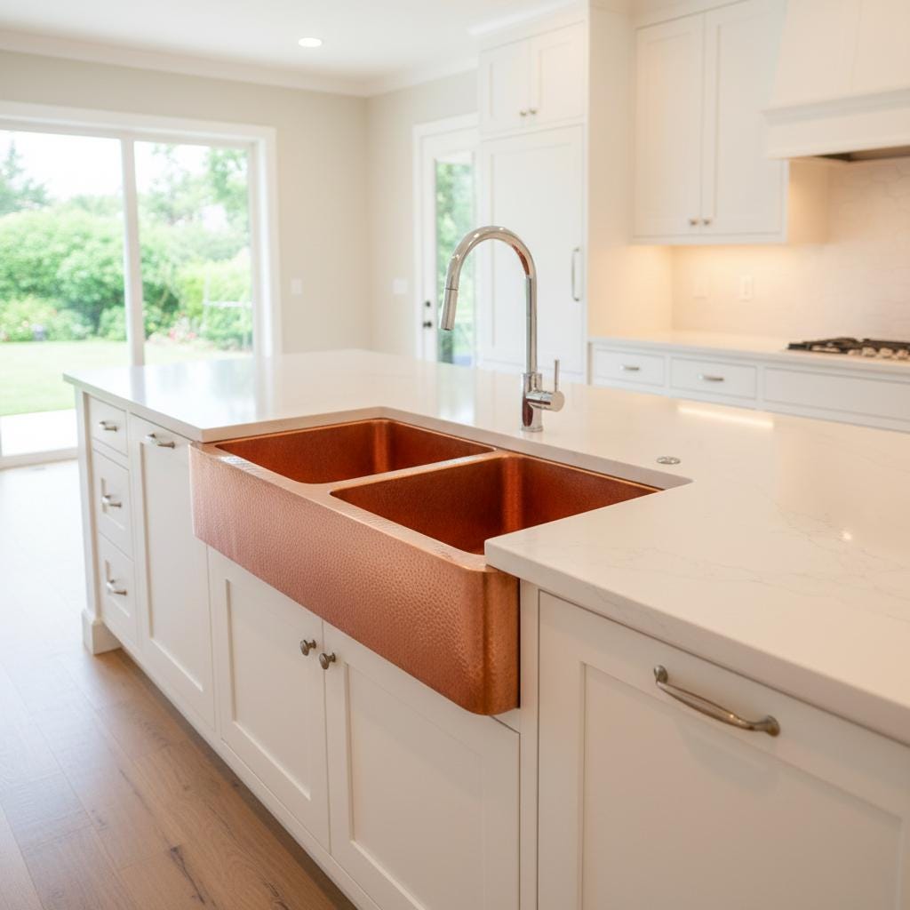 Modern kitchen with a copper farmhouse sink and white cabinets.