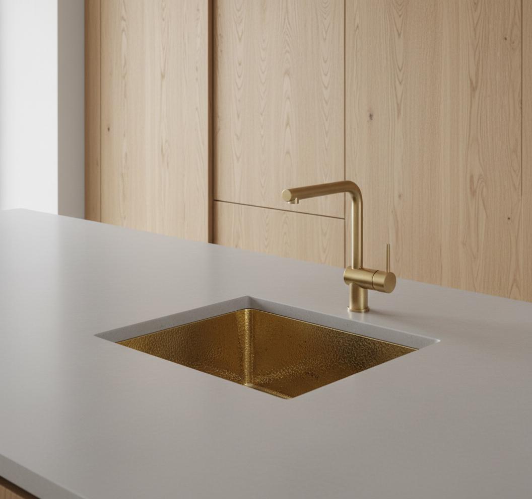 Modern kitchen sink with gold faucet against a wooden wall.