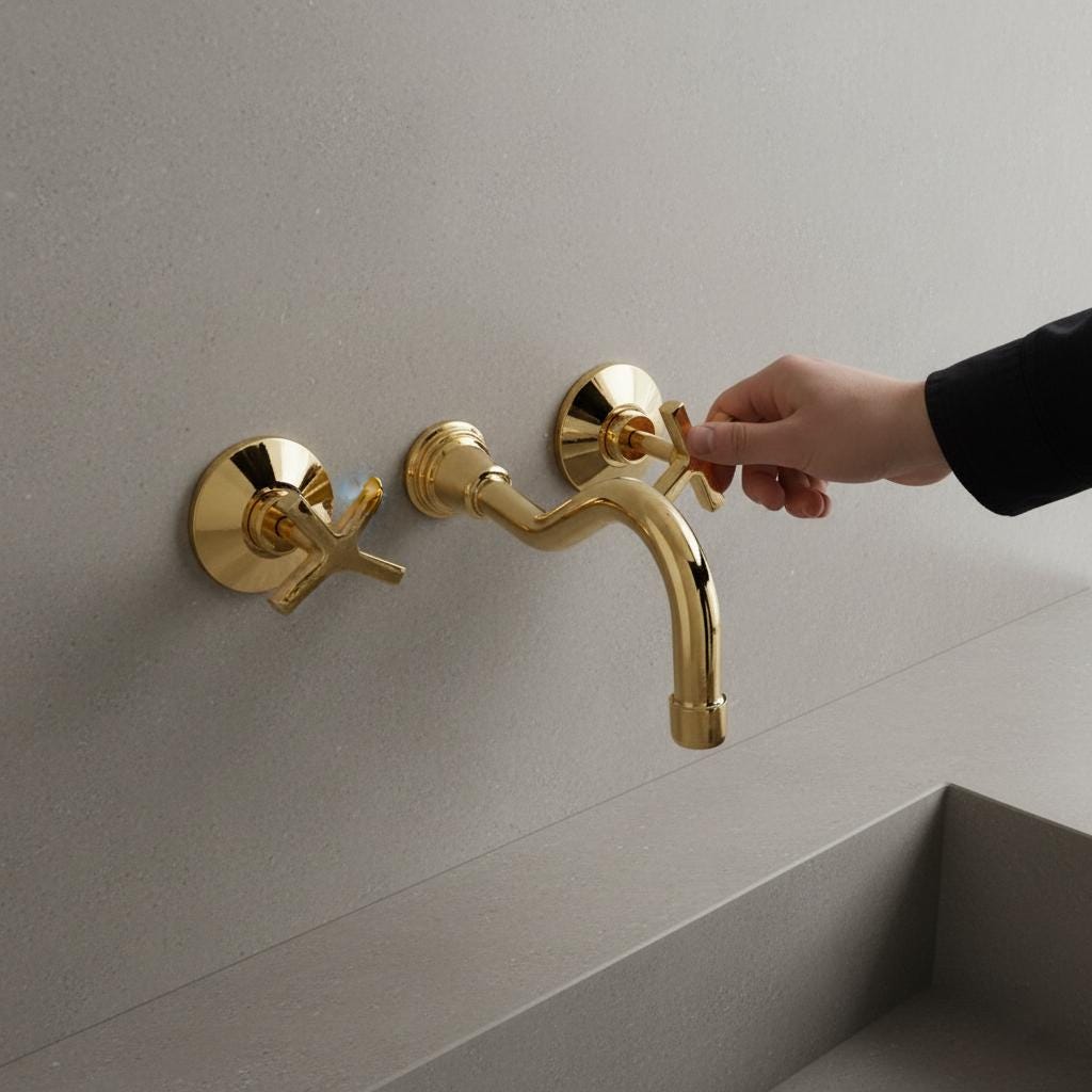 Gold faucet on a light gray wall with a hand turning the handle.