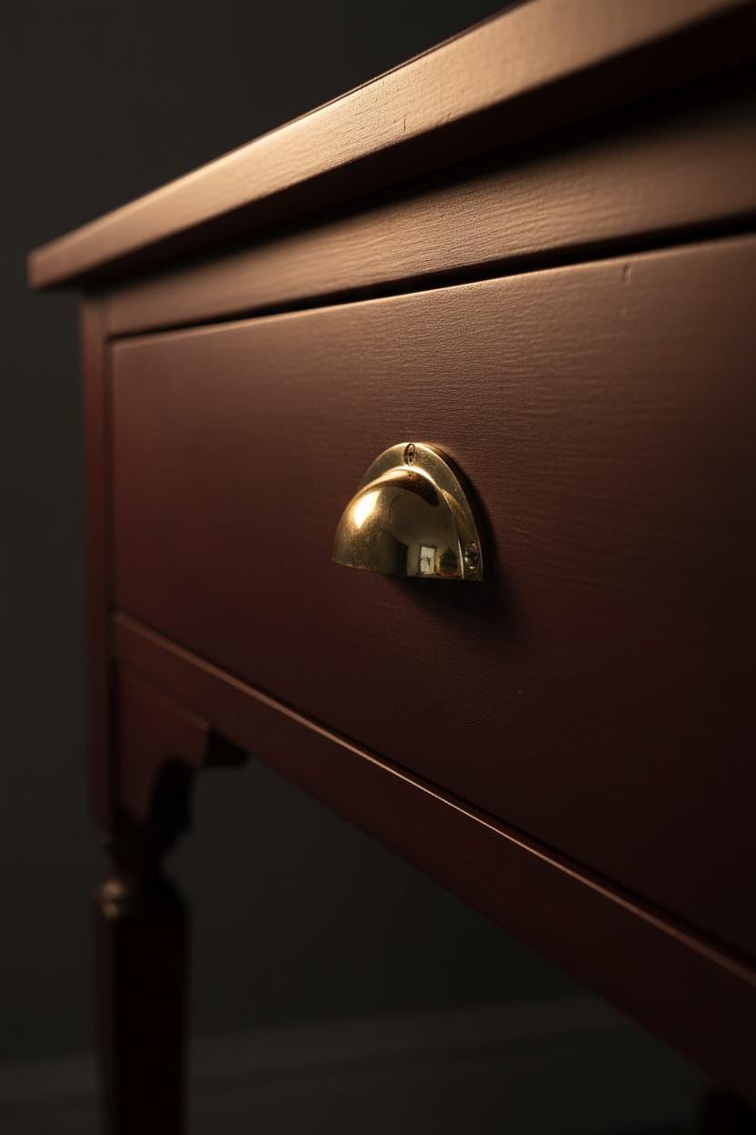 Close-up of a wooden drawer with a brass handle against a dark background