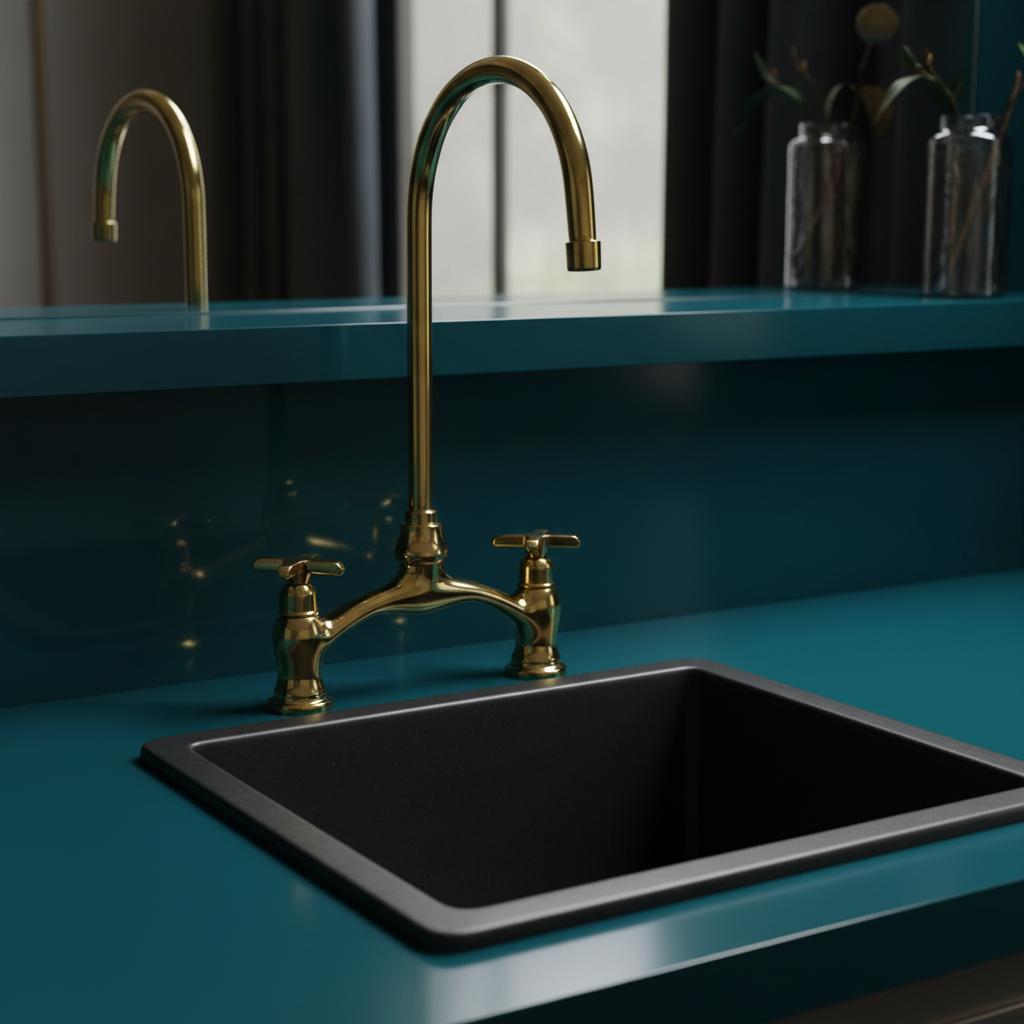 Gold faucet and handles on a black sink against a teal backsplash.