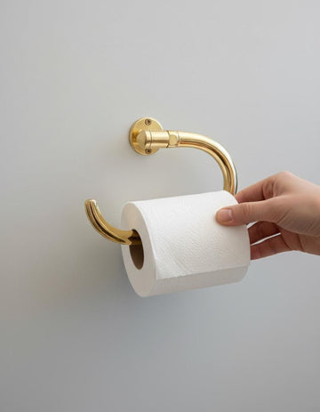 Gold toilet paper holder with a roll of toilet paper on a light gray wall.