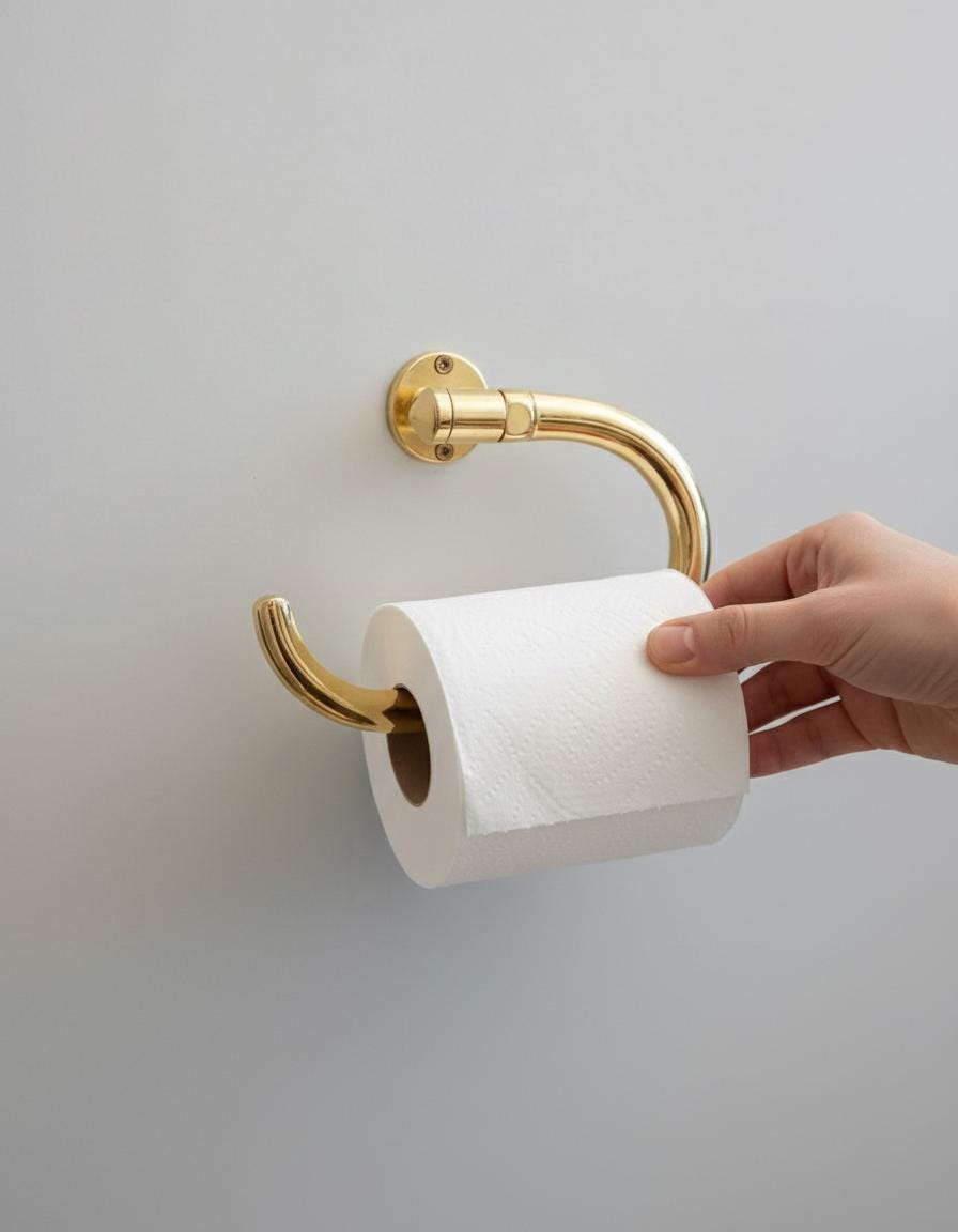Gold toilet paper holder with a roll of toilet paper on a light gray wall.