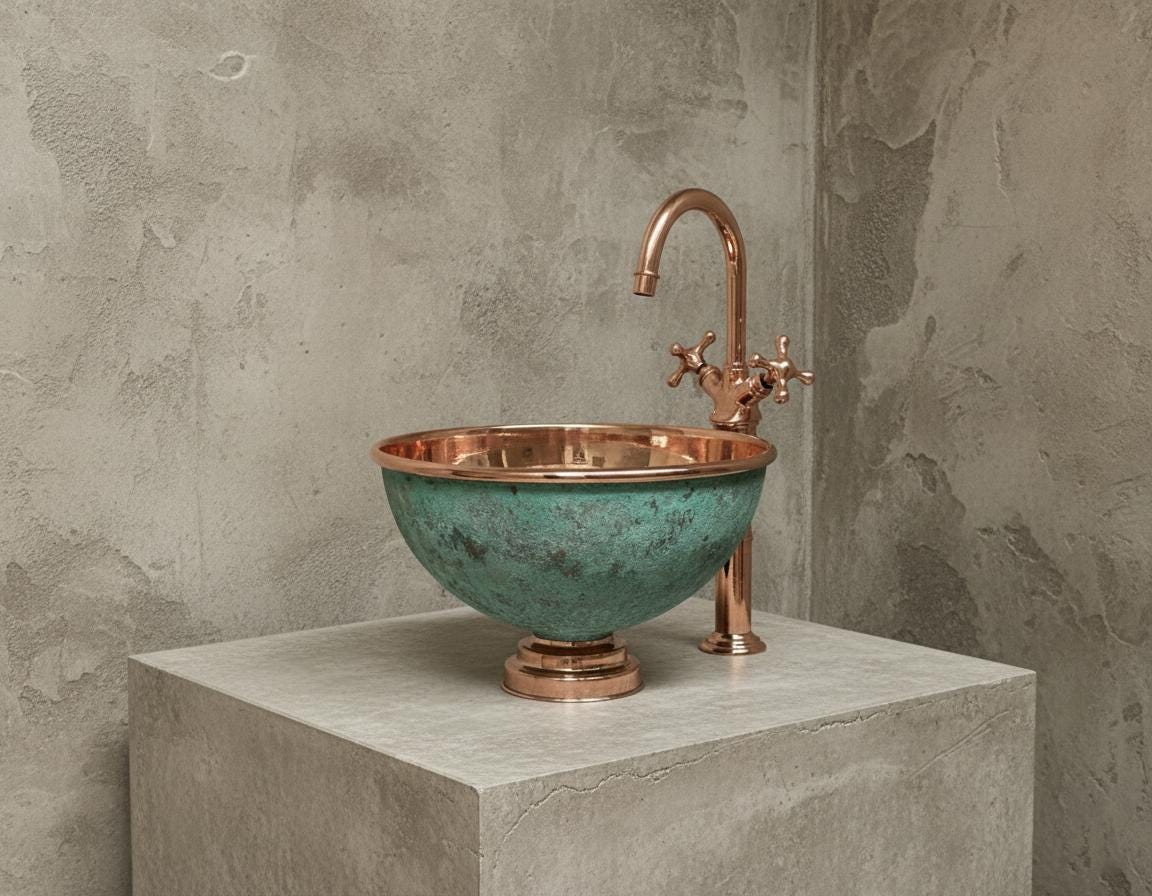 Bronze sink with faucet on a concrete platform against a textured wall