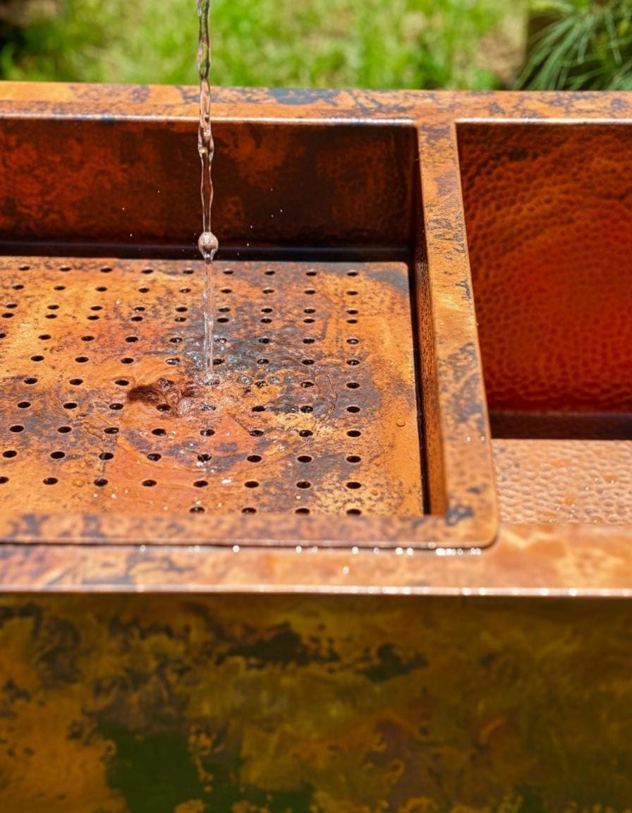 Rustic metal water feature with water dripping into a basin