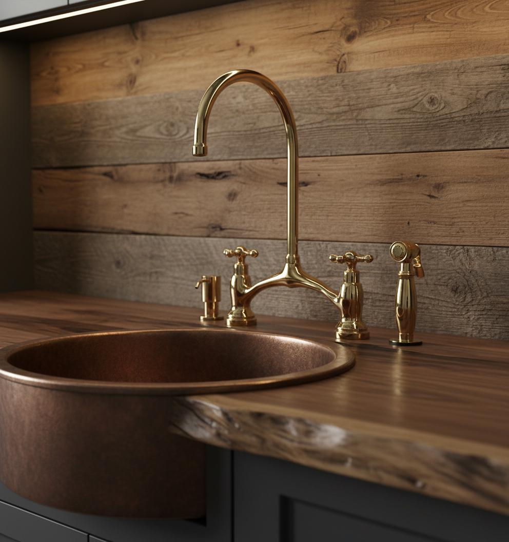 Gold faucet and handles on a copper sink with wooden wall and countertop