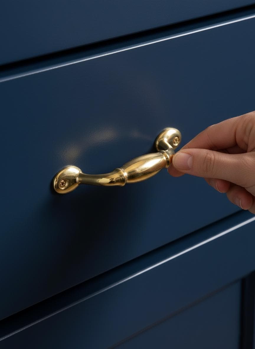 Hand opening a blue cabinet with a gold handle