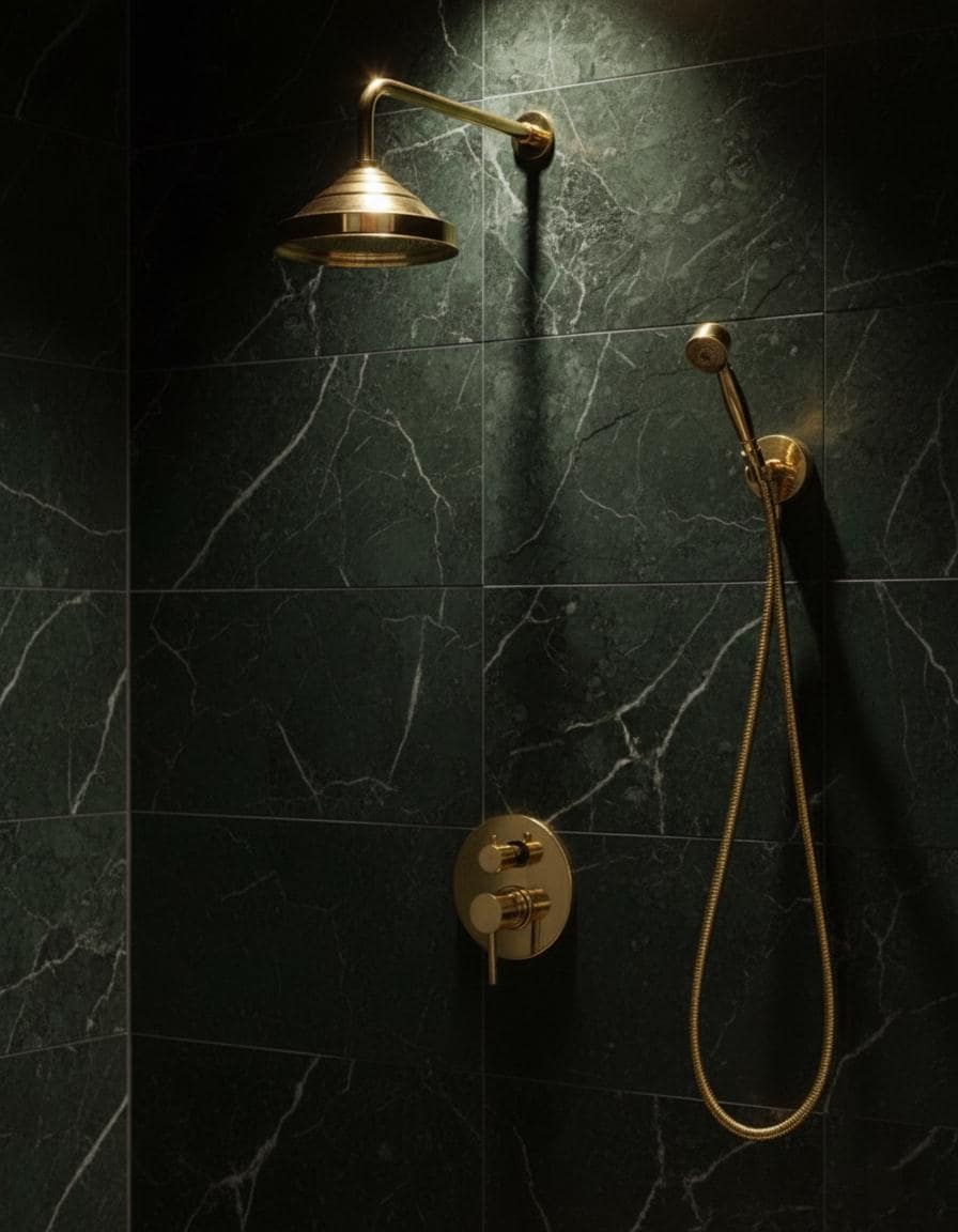 Gold shower head and control panel on a dark marble wall