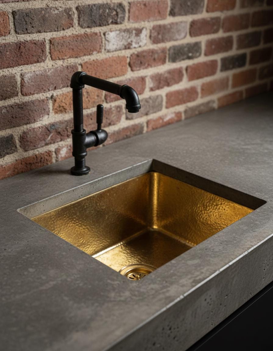 Gold sink with black faucet against a brick wall