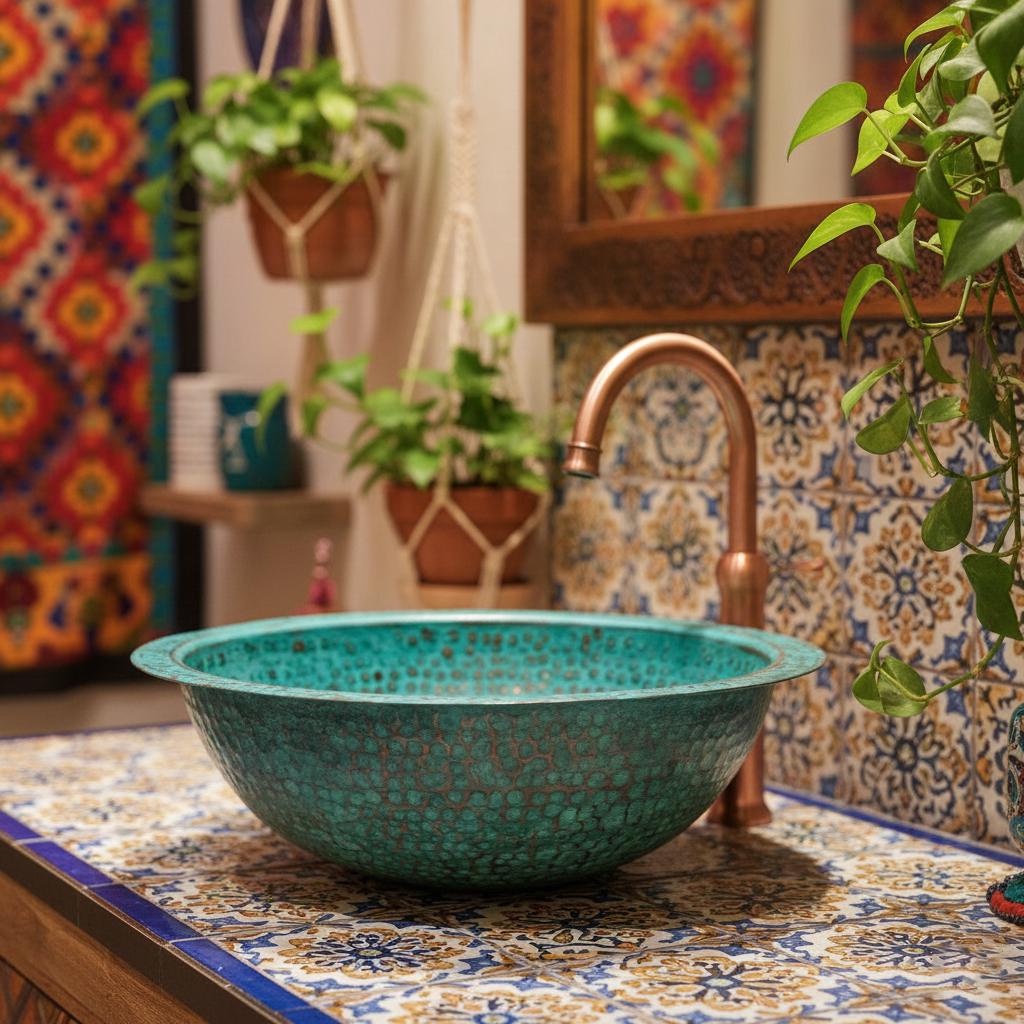 Turquoise mosaic sink with copper faucet in a decorative bathroom setting.