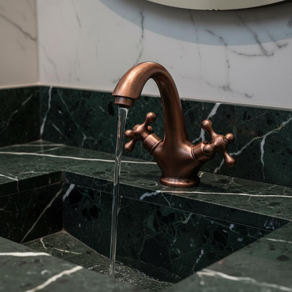 Bronze faucet on a marble sink