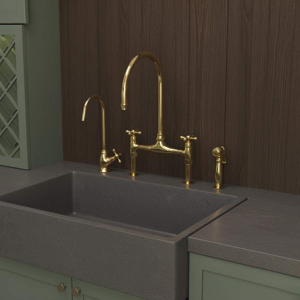 Gold kitchen faucet and handles on a dark gray sink with green cabinets.