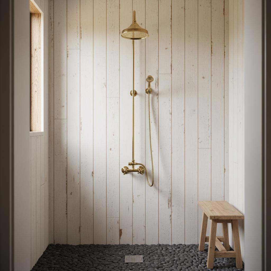 Shower setup with gold fixtures against a wooden paneled wall.