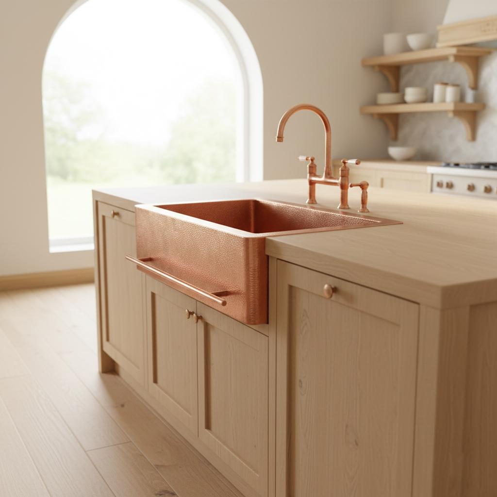Modern kitchen with wooden cabinets, copper sink, and brass faucet.