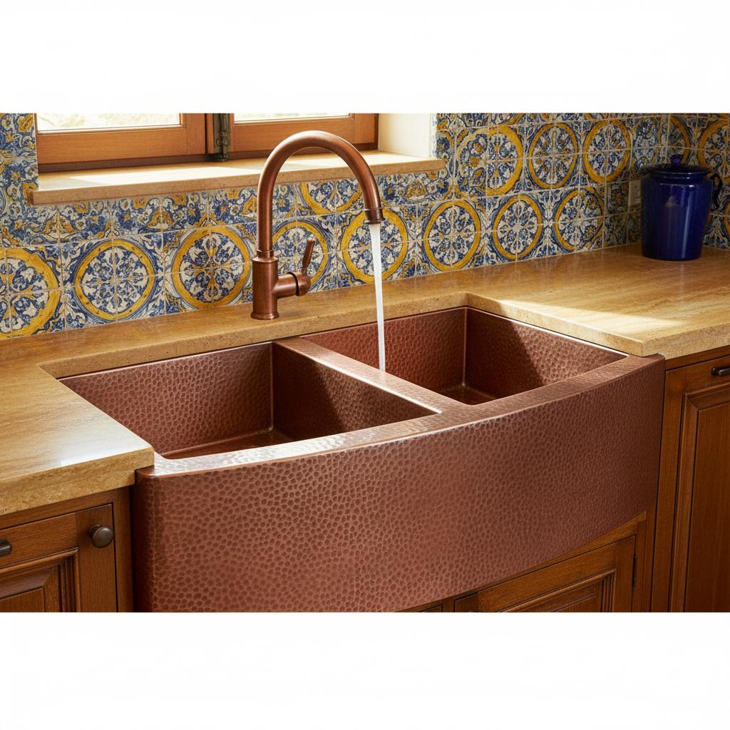 Copper farmhouse sink with a faucet in a kitchen setting with decorative tiles.