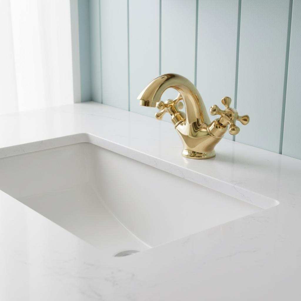 Gold faucet with water flowing into a sink on a marble countertop
