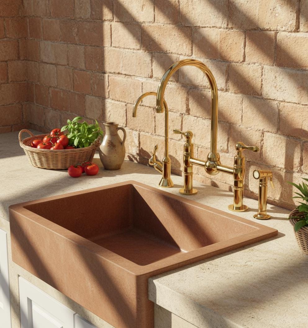 Copper kitchen sink with gold faucet against a stone wall